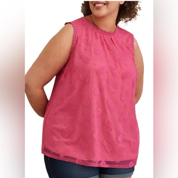 Torrid 3X Pink Pineapple Embroidered Sleeveless Tunic Top Lace Trim Boho - Picture 1 of 9